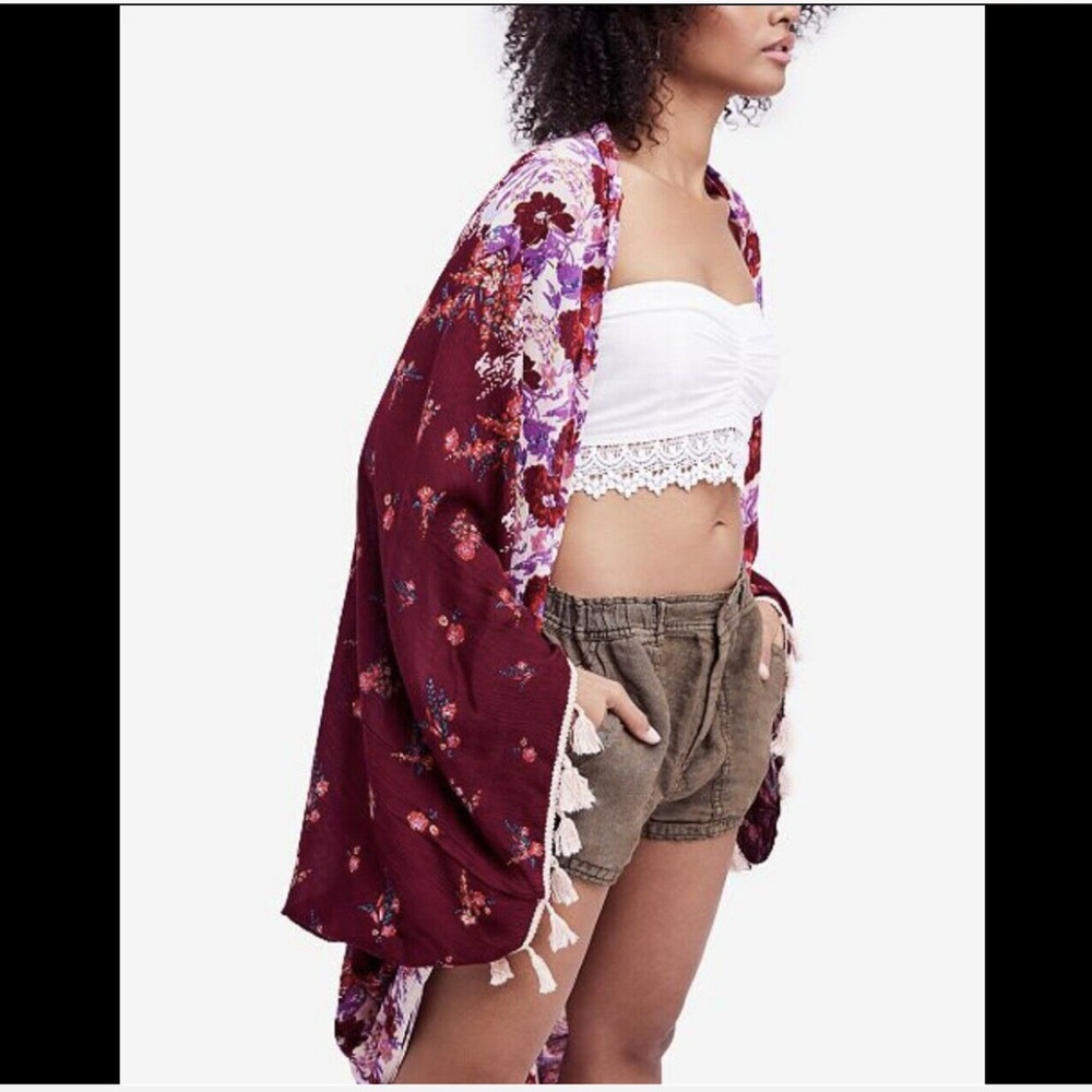 Free People wine Oversized Floral Tassel Kimono - Picture 4 of 7